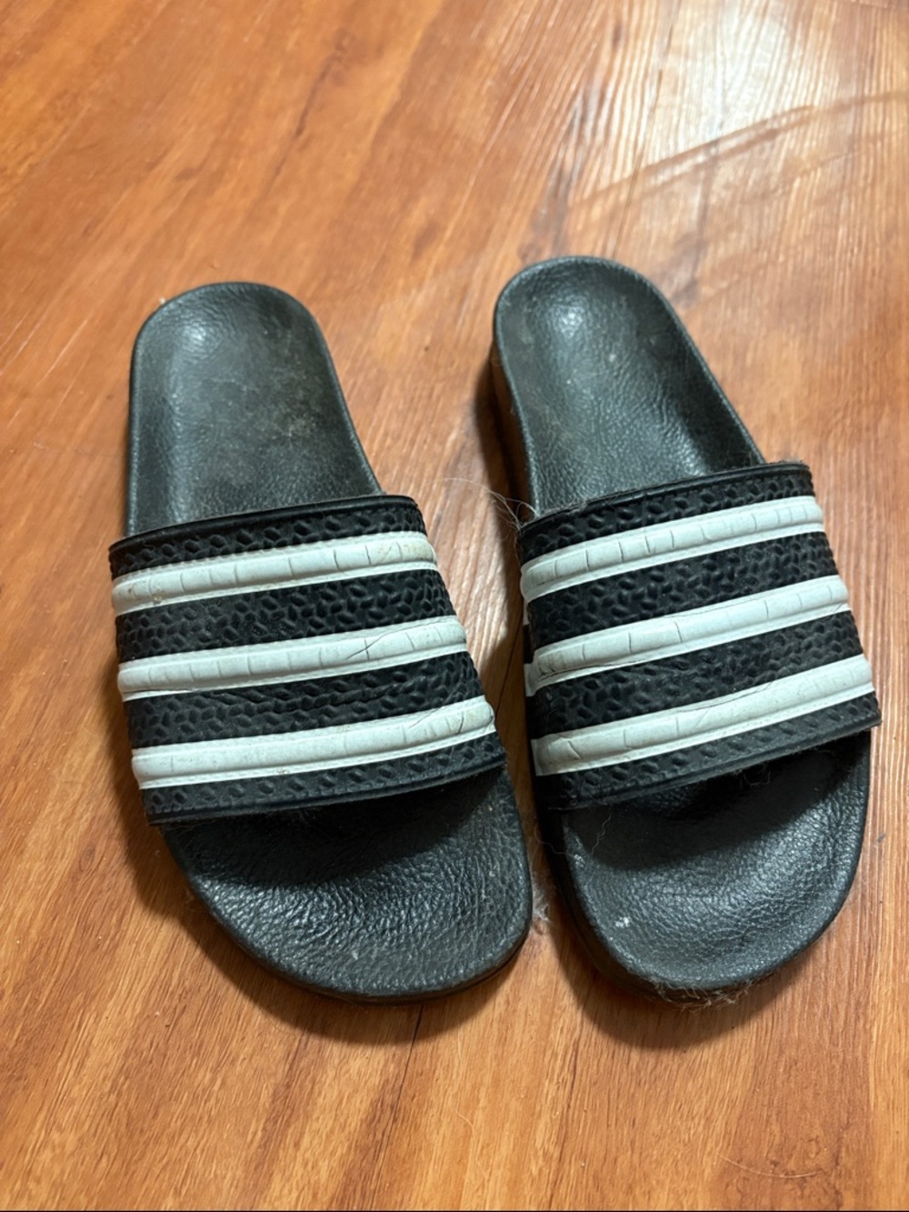 adidas Black Slides with White Stripes